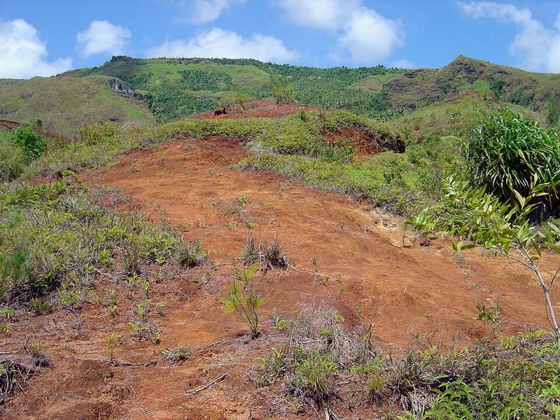 Exposed red lateritic soil on a green tropical hillside in Guam