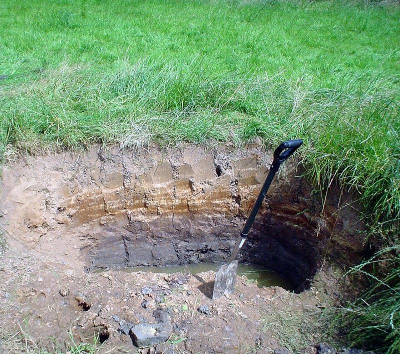 A dug test pit in a grass field with water pooled at the bottom and a spade